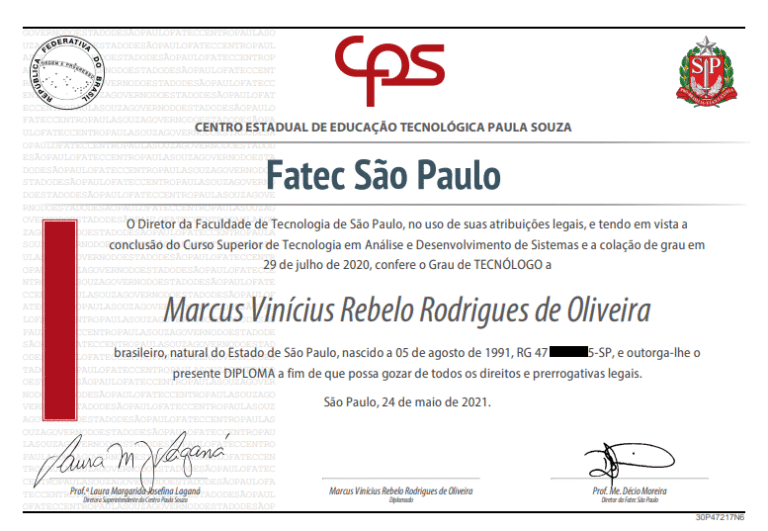 Foto do diploma do curso de Análise e Desenvolvimento de Sistemas de Marcus Oliveira