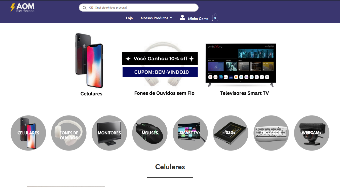 Projeto de criação de website feito por Marcus Oliveira chamado AOM Eletronicos